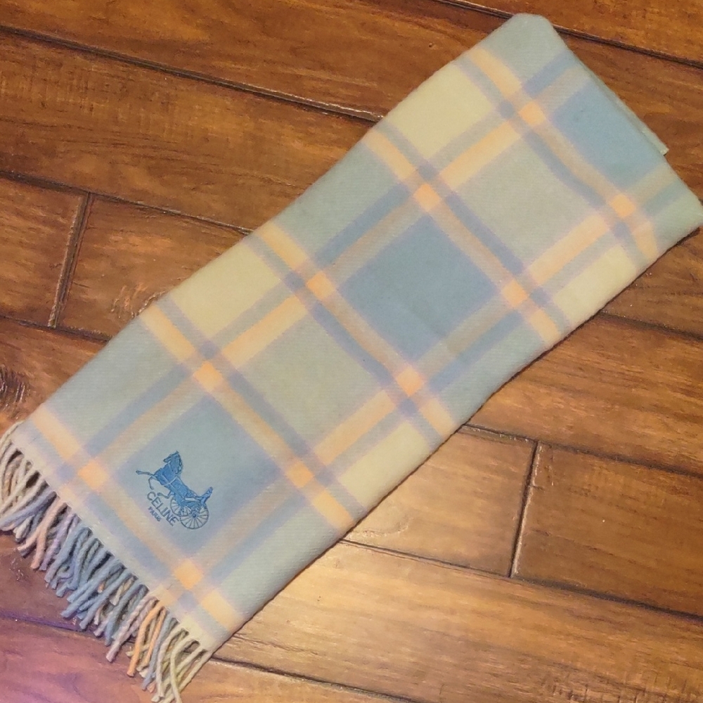 "Celine" Authentic Plaid Scarf with Fringe. Made In Japan. Made In The 1980's.